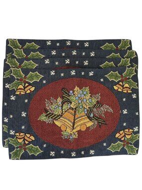Set Of 4 Vintage Christmas Tapestry Placemats 18"x12" Bell and Holly Holiday